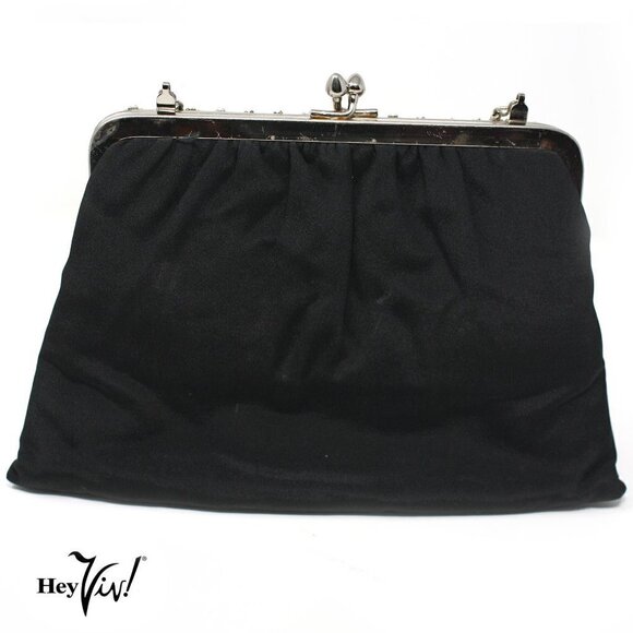 Vintage Black Faille Purse - Cocktail Evening Bag w Rhinestone Trim - Picture 2 of 5